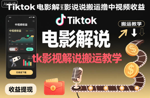 Tiktok电影解说搬运撸中视频收益，tk影视解说搬运教学-快云博客