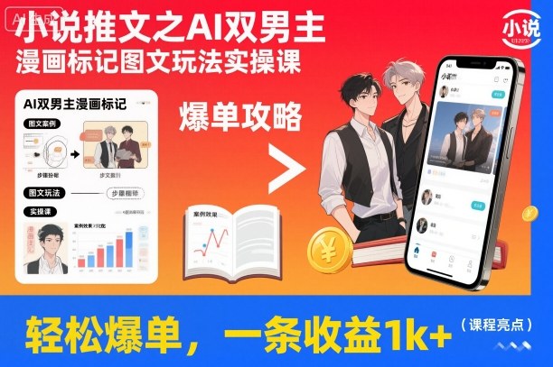 小说推文之AI双男主漫画标记图文玩法实操课,轻松爆单,一条收益1k+-快云博客