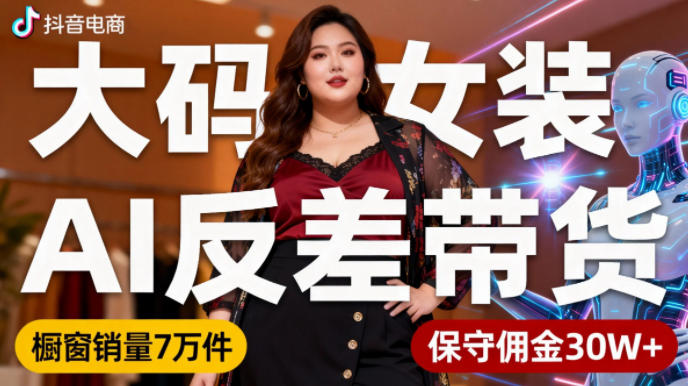 抖音小众赛道，大码女装AI反差带货，不用直播，每天6条作品，橱窗卖7万件，保守佣金30W+-快云博客