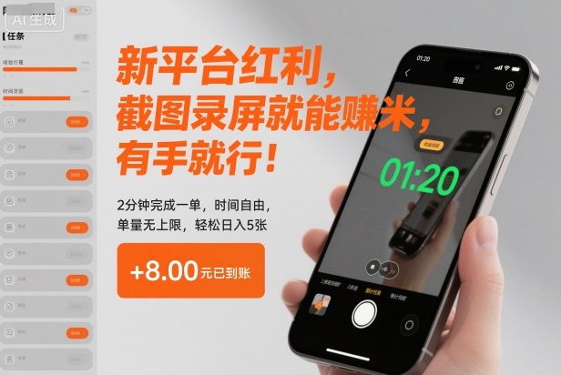 新平台红利,截图录屏就能賺米,有手就行!2分钟完成一单,时间自由,单量无上限,轻松日入5张【揭秘】-快云博客