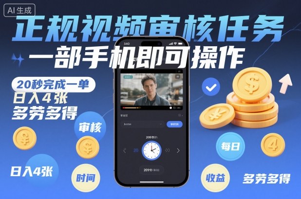 正规视频审核任务，一部手机即可操作，20秒完成一单，日入4张，多劳多得【揭秘】-快云博客