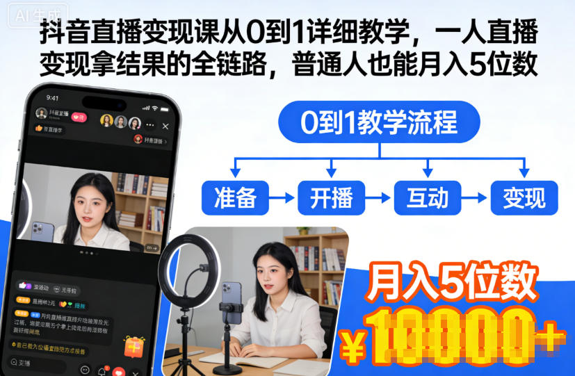 抖音直播变现课从0到1详细教学,一人直播变现拿结果的全链路,普通人也能月入5位数-快云博客