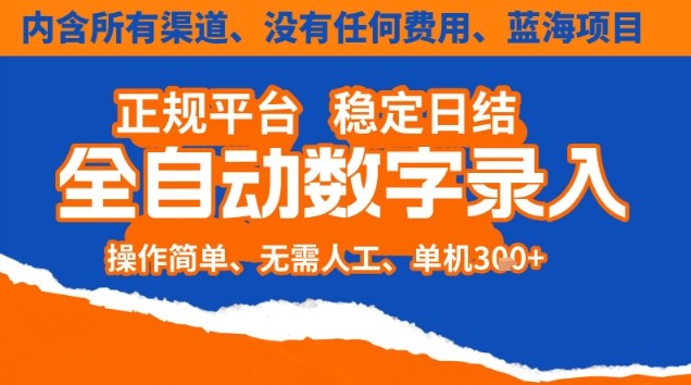 全自动数字录入，单机日入3张+，内含所有渠道全程免费零成本，操作简单可矩阵开干【揭秘】-快云博客