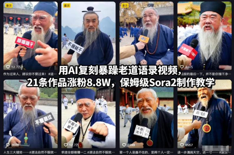 用AI复刻暴躁老道语录视频,21条作品涨粉8.8W,保姆级Sora2制作教学-快云博客