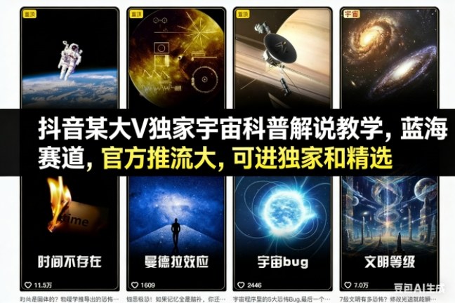 抖音某大V独家宇宙科普解说教学，蓝海赛道，官方推流大，可进独家和精选-快云博客