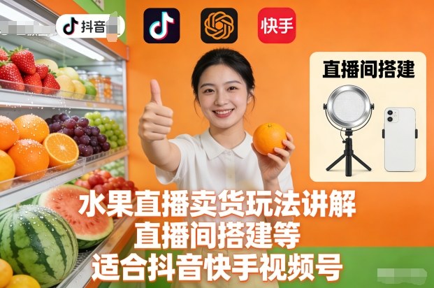 水果直播卖货玩法讲解、直播间搭建等,适合抖音快手视频号-快云博客
