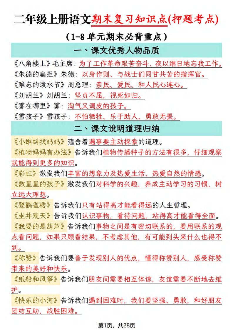 二年级上语文期末复习知识点(押题考点)-快云博客