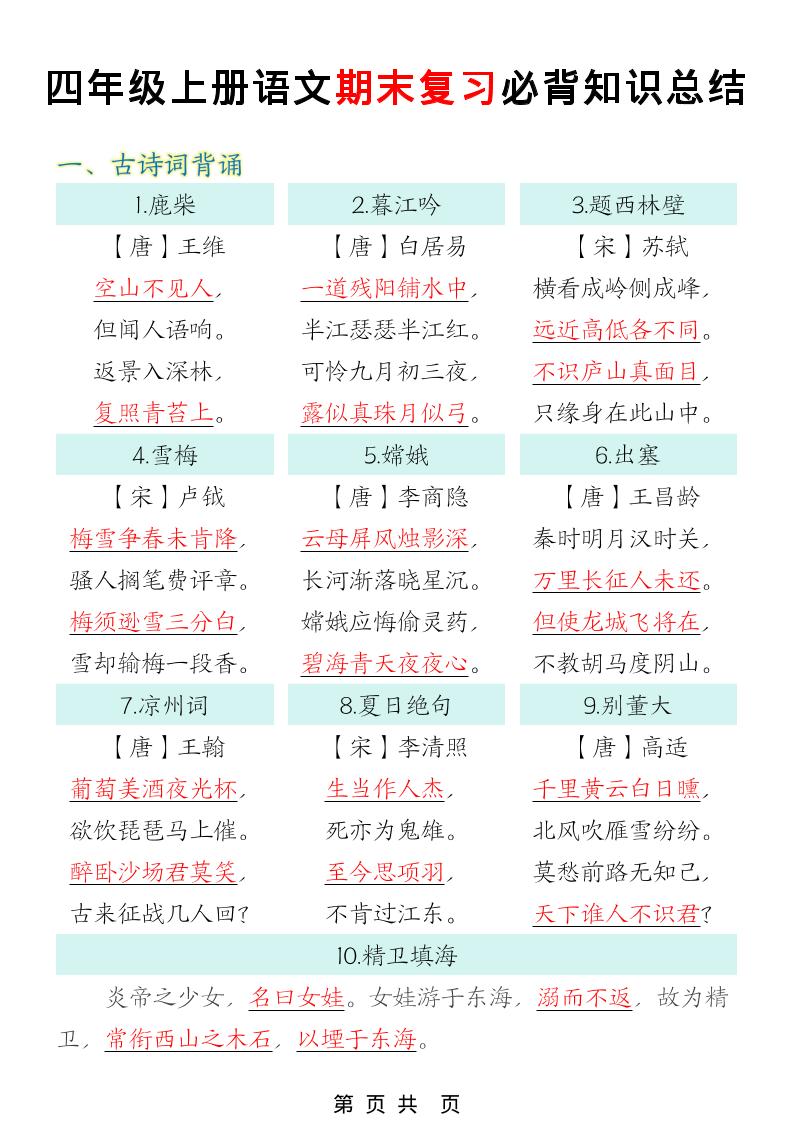 四年级上语文期末复习必背知识总结-快云博客