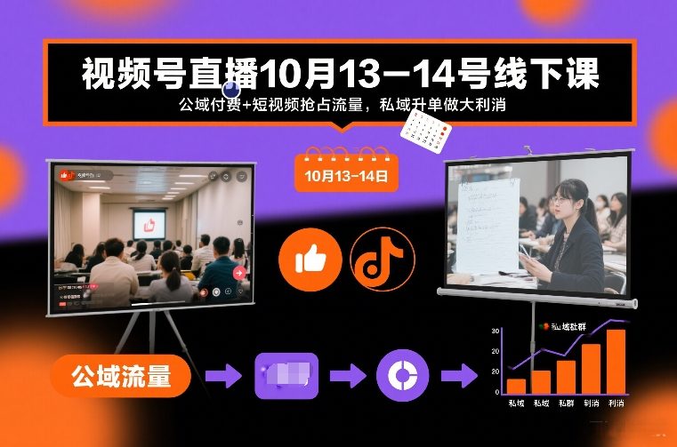 视频号直播10月13-14号线下课，公域付费+短视频抢占流量，私域升单做大利消-快云博客