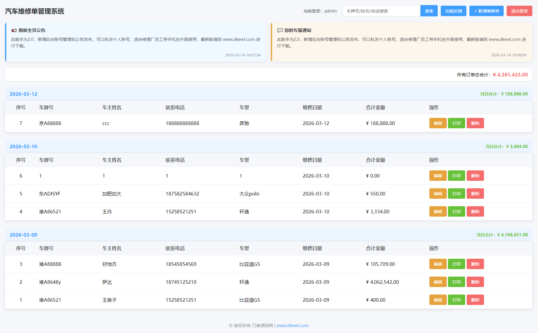 汽修单管理系统源码-快云博客
